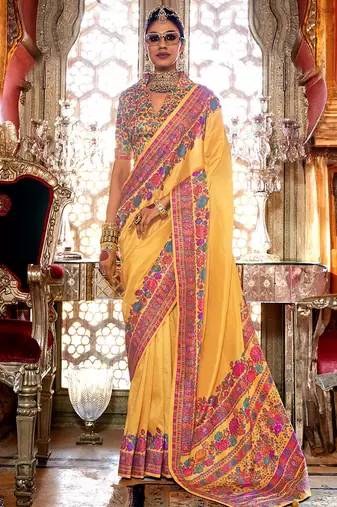 Mustard silk blend floral print saree with blouse