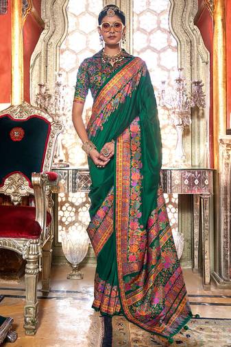 Green silk blend floral print saree with blouse