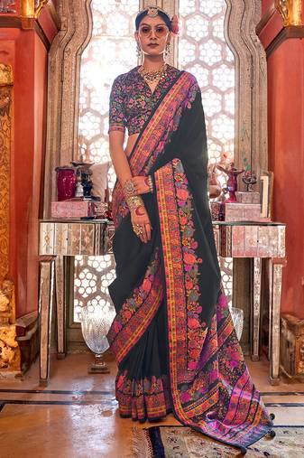 Black silk blend floral print saree with blouse
