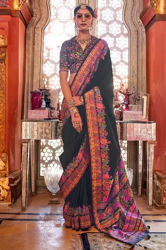 Black silk blend floral print saree with blouse