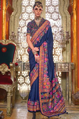 Navy blue silk blend floral print saree with blouse