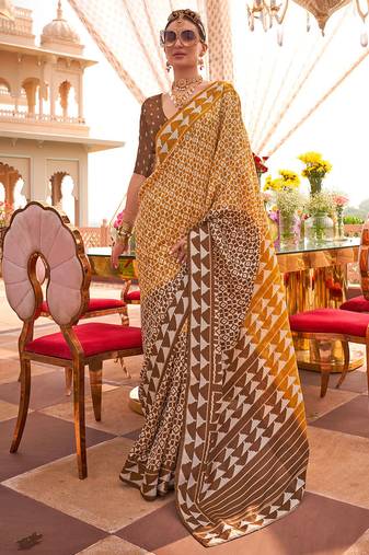 Mustard & brown silk blend patola print saree with blouse