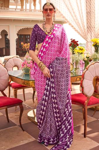 Rani pink & purple silk blend patola print saree with blouse