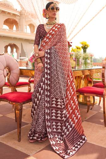 Rust & chocolate silk blend patola print saree with blouse