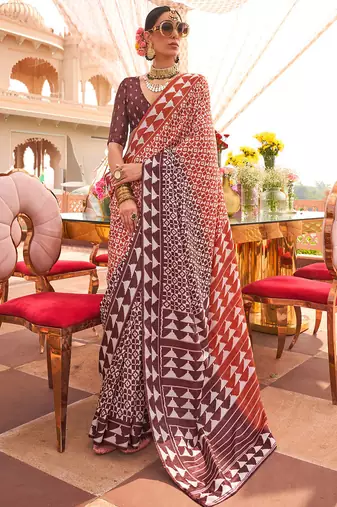 Rust & chocolate silk blend patola print saree with blouse