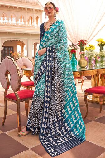 Sky blue & navy blue silk blend patola print saree with blouse