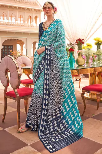 Sky blue & navy blue silk blend patola print saree with blouse