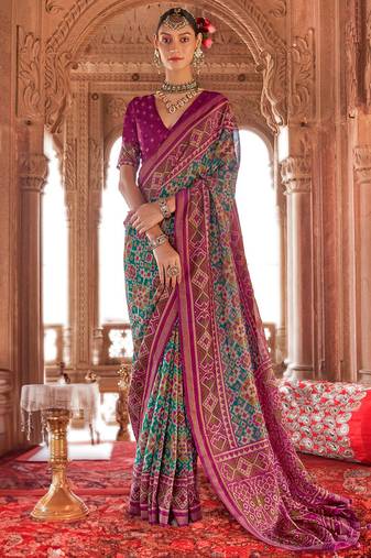 Teal georgette patola print saree with blouse