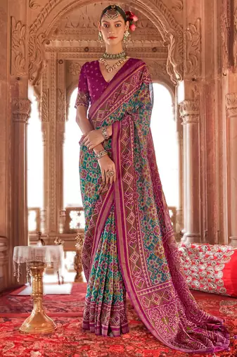 Teal georgette patola print saree with blouse