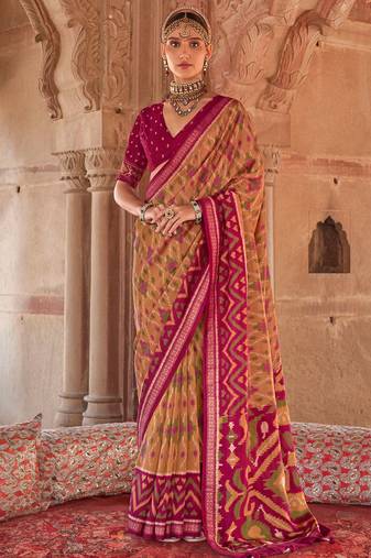 Mustard georgette patola print saree with blouse