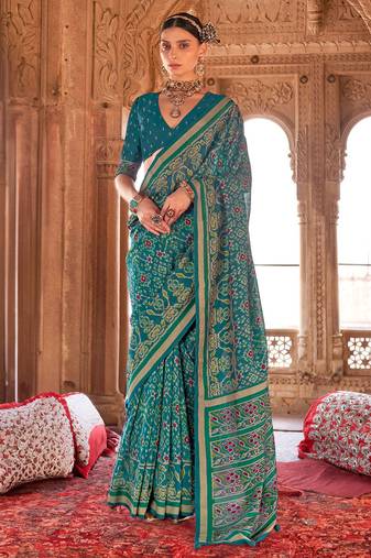 Teal georgette patola print saree with blouse