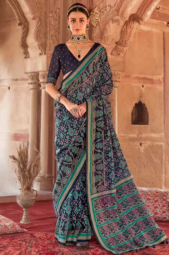 Navy blue georgette patola print saree with blouse
