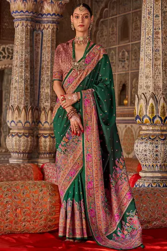 Green silk blend print with glory finish saree with blouse