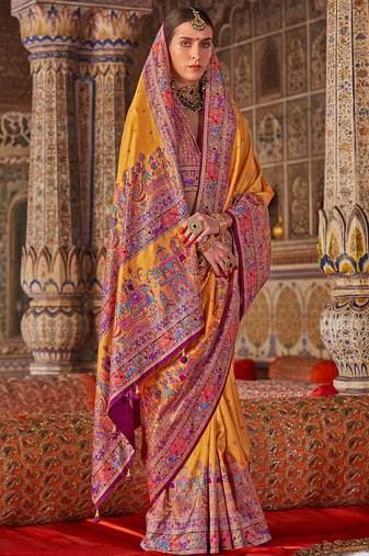 Mustard silk blend print with glory finish saree with blouse