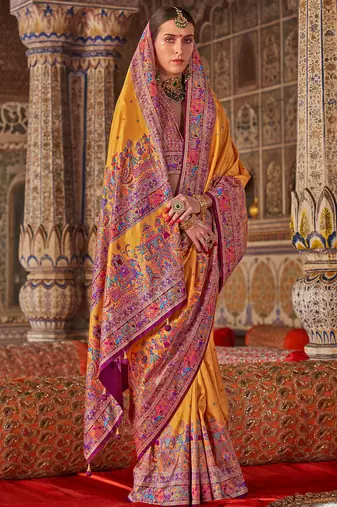 Mustard silk blend print with glory finish saree with blouse