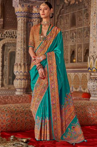 Aqua blue silk blend print with glory finish saree with blouse