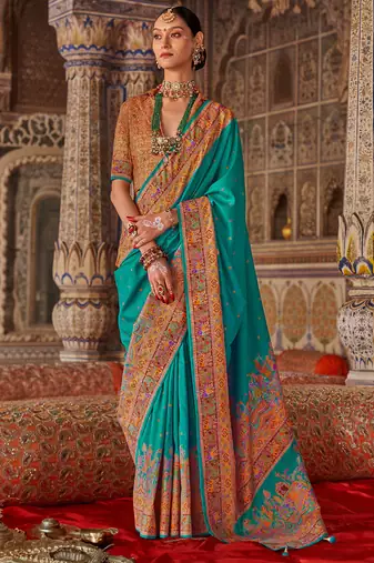 Aqua blue silk blend print with glory finish saree with blouse