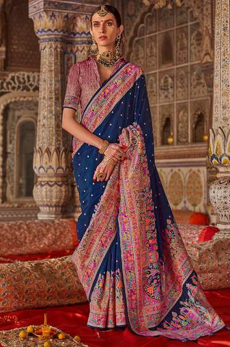 Navy blue silk blend print with glory finish saree with blouse