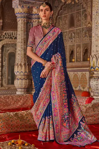Navy blue silk blend print with glory finish saree with blouse
