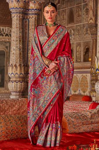 Red silk blend print with glory finish saree with blouse