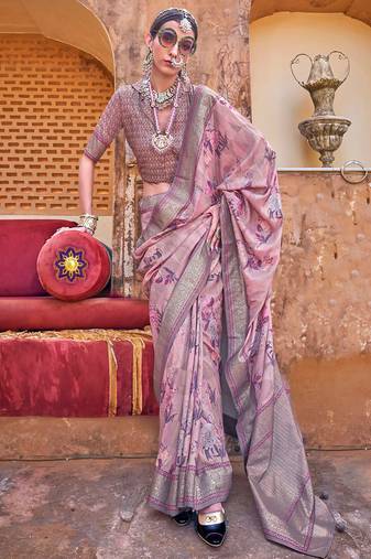 Mauve silk blend floral print saree with blouse