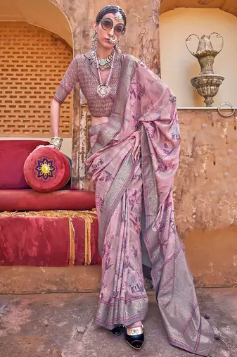 Mauve silk blend floral print saree with blouse