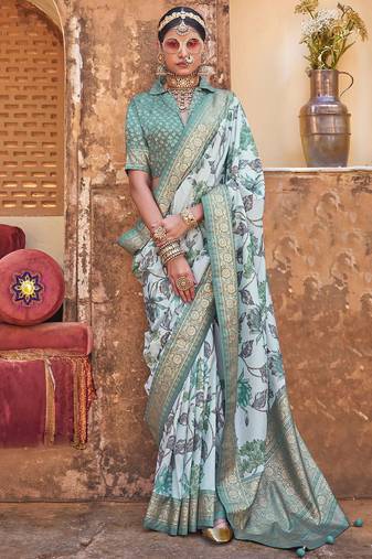 Sea green silk blend floral print saree with blouse