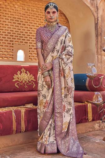 Cream silk blend floral print saree with blouse