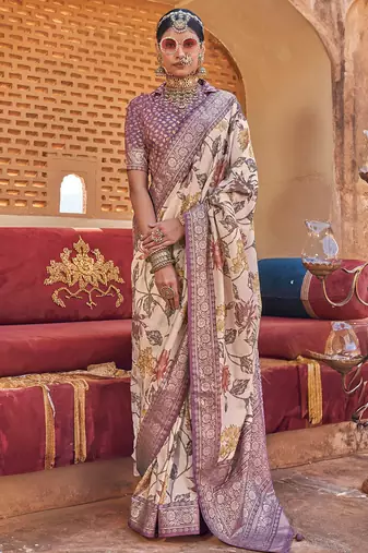 Cream silk blend floral print saree with blouse