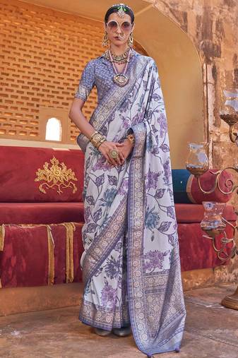 Off white silk blend floral print saree with blouse