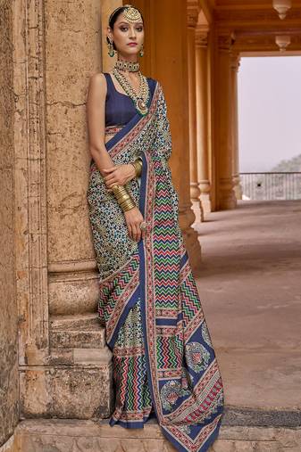 Multicolor silk blend ajrakh print croma finish saree with blouse
