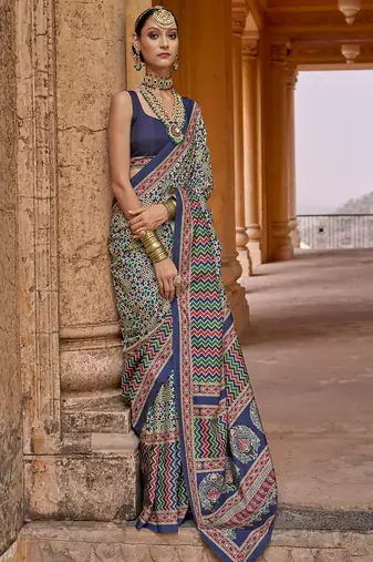 Multicolor silk blend ajrakh print croma finish saree with blouse
