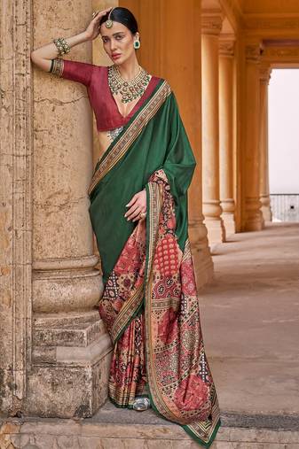 Green silk blend ajrakh print croma finish saree with blouse