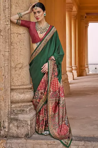 Green silk blend ajrakh print croma finish saree with blouse