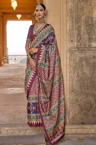 Multicolor silk blend ajrakh print croma finish saree with blouse