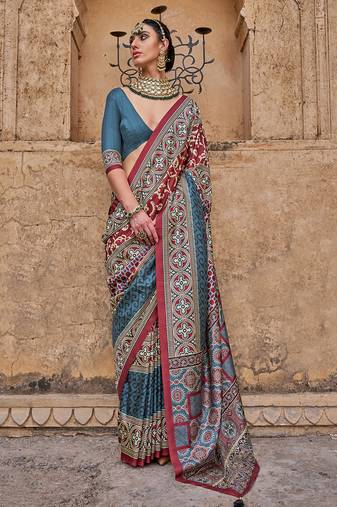 Multicolor silk blend ajrakh print croma finish saree with blouse