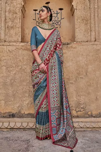 Multicolor silk blend ajrakh print croma finish saree with blouse