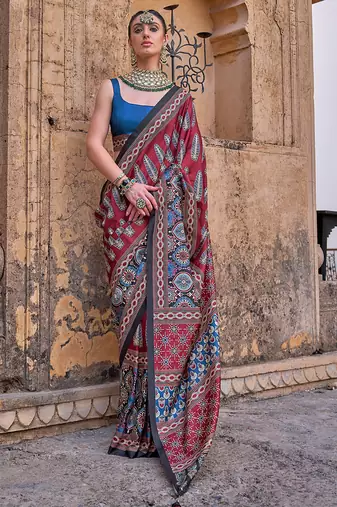 Maroon silk blend ajrakh print croma finish saree with blouse