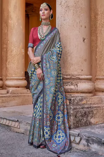 Multicolor silk blend ajrakh print croma finish saree with blouse