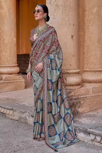Multicolor silk blend ajrakh print croma finish saree with blouse