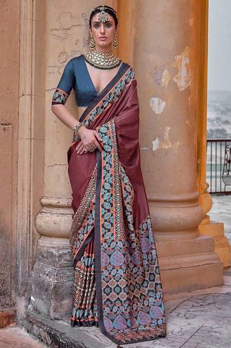 Chocolate silk blend ajrakh print croma finish saree with blouse