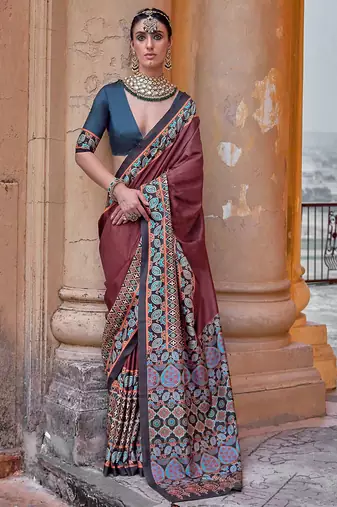 Chocolate silk blend ajrakh print croma finish saree with blouse