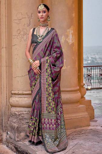 Dark magenta silk blend ajrakh print croma finish saree with blouse