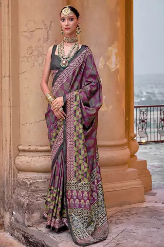 Dark magenta silk blend ajrakh print croma finish saree with blouse