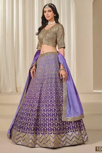 Purple Embriodered Heavy Chinon Silk Designer Semi Stitched Lehenga With Blouse