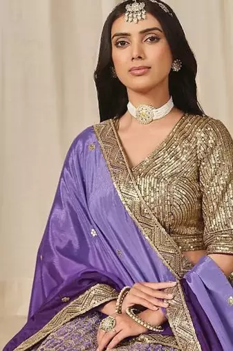 Purple Embriodered Heavy Chinon Silk Designer Semi Stitched Lehenga With Blouse