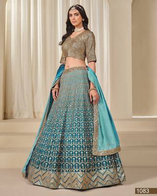 turquoise embriodered heavy chinon silk blend lehenga set with blouse and dupatta 1