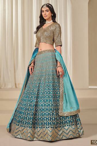 Turquoise Embriodered Heavy Chinon Silk Designer Semi Stitched Lehenga With Blouse