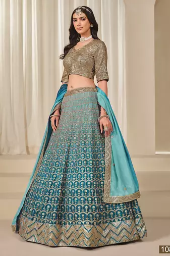 Turquoise Embriodered Heavy Chinon Silk Designer Semi Stitched Lehenga With Blouse