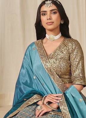 turquoise embriodered heavy chinon silk blend lehenga set with blouse and dupatta 2
